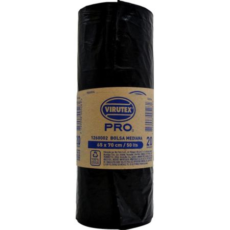 BOLSA PARA BASURA 50 LTS 65X70 CM C/F 20MC VIRUTEX ROLLO X 20 U