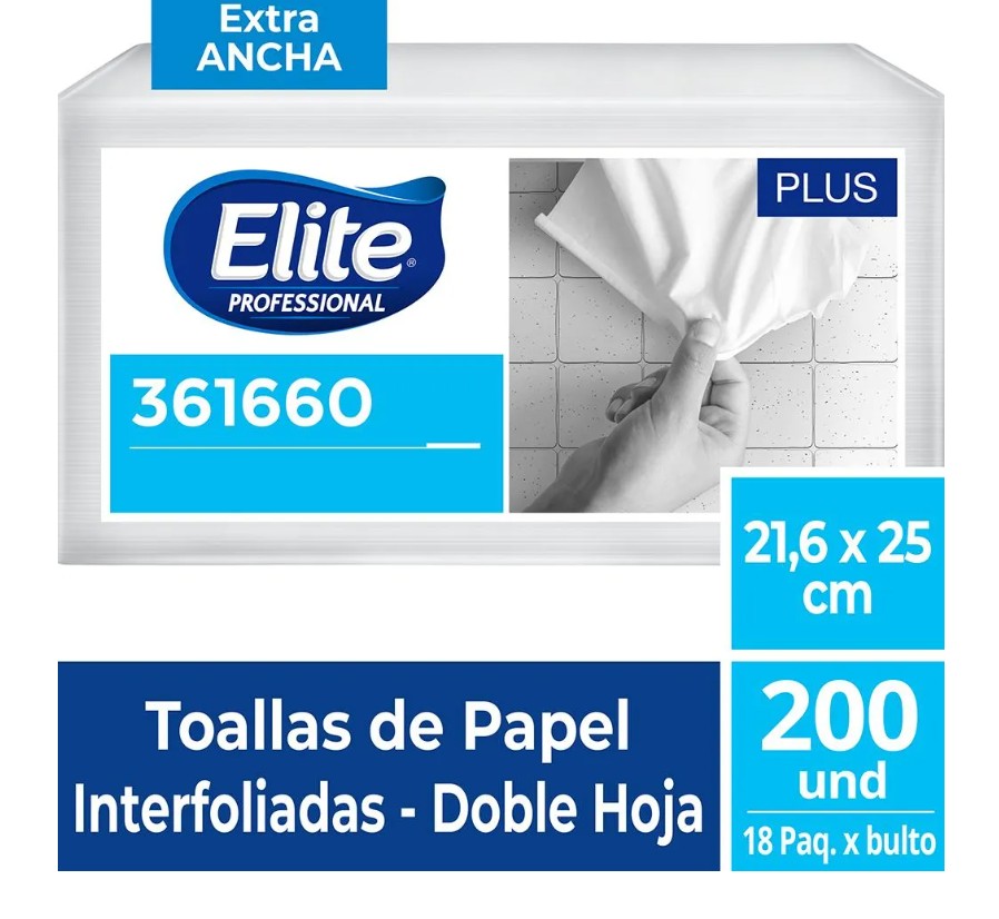 PAPEL TOALLA INTERFOLIADO PLUS DOBLE HOJA BLANCO XL ELITE CJ 18 PQ X 200 HJS
