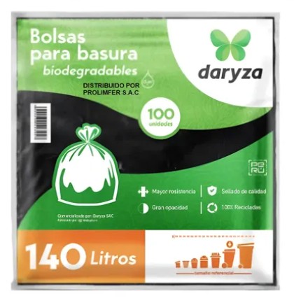 BOLSA PARA BASURA 140 LTS 104 X 86 CM CARGA MEDIA DARYZA PQ X 100 UND