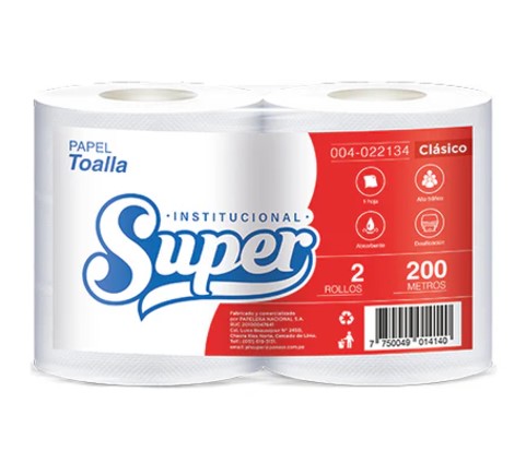 PAPEL TOALLA JUMBO BLANCO CLASICO SUPER BOL 2 ROLLOS X 200 MTS