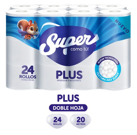 PAPEL HIGIÉNICO PLUS DOBLE HOJA SUPER 2PQ X 24 ROLLOS X 20 MTS